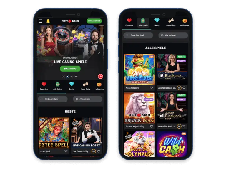 Interface de la version mobile et application de Betamo Casino.