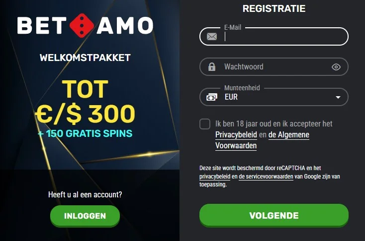 Formulaire d'inscription rapide sur la plateforme Betamo Casino.